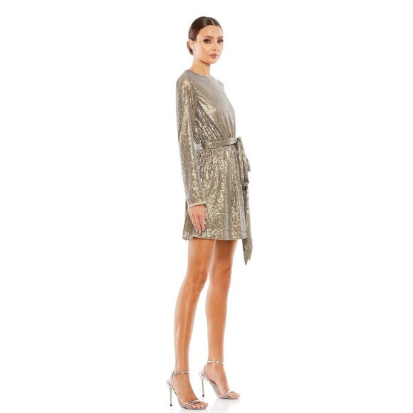 NWT Mac Duggal Sequin Embellished Long Sleeve High Neck Mini Dress Taupe 8 - Picture 3 of 8